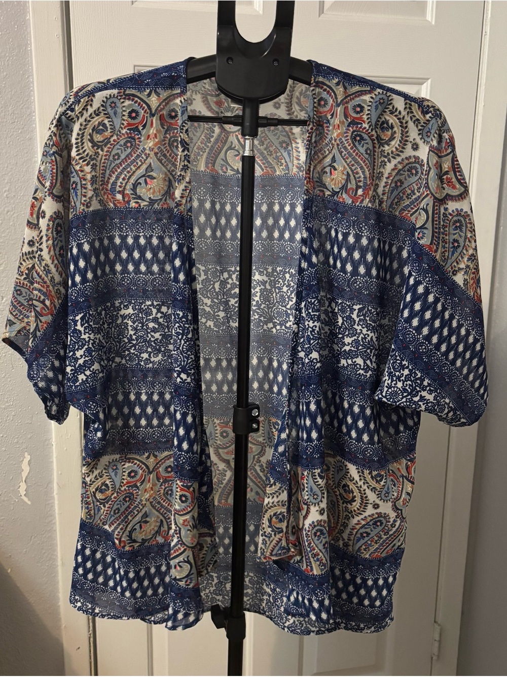 Dizzy Gal Blue Paisley Geometric Sheer Kimono Cardigan Size L